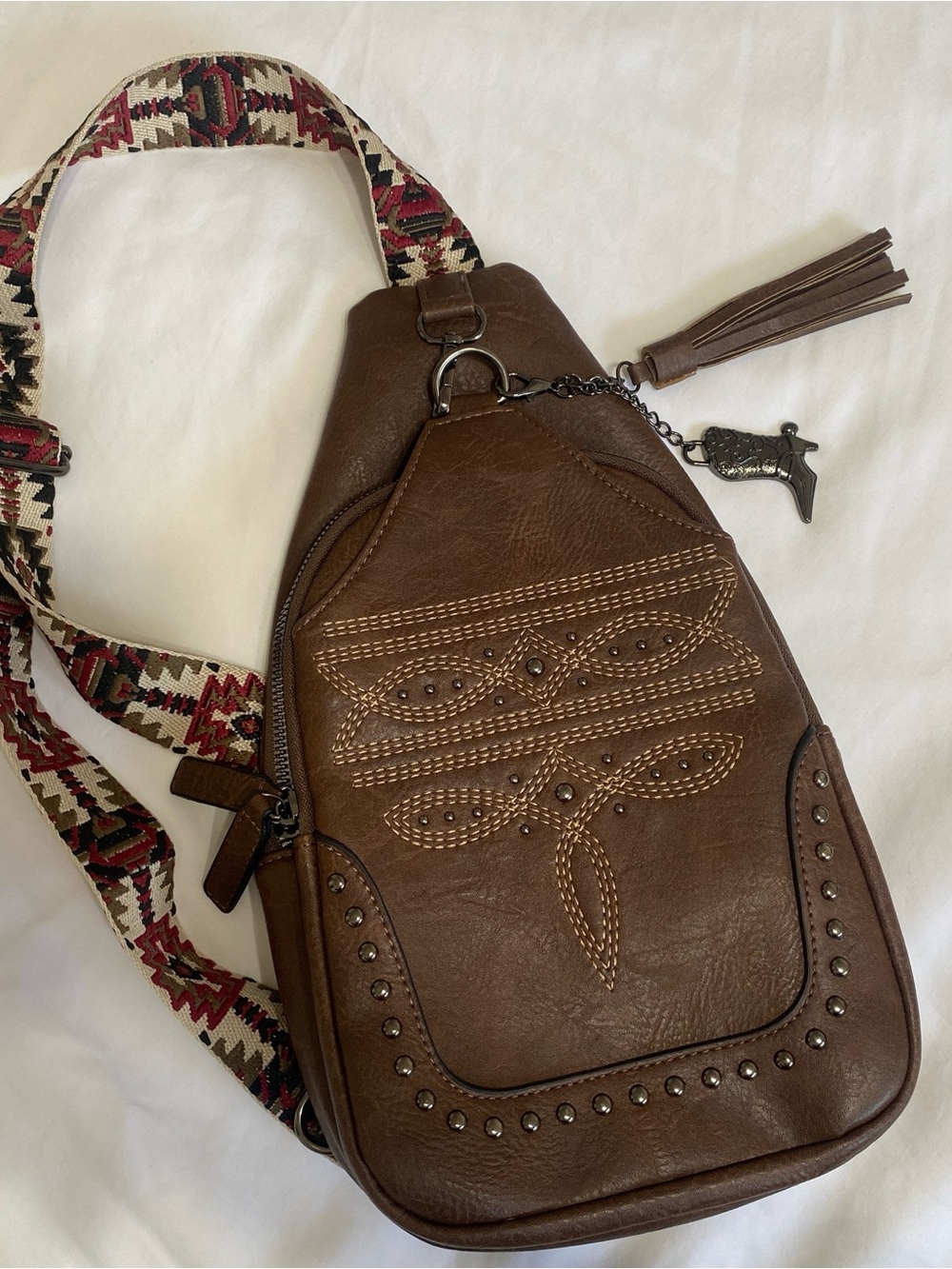 Brown Embroidered Faux-Leather Crossbody Sling Bag